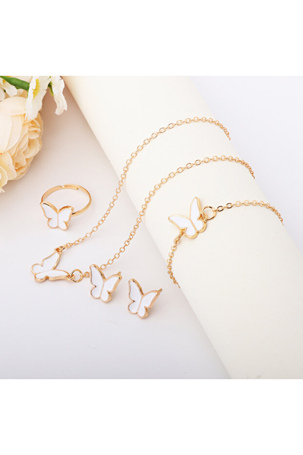 White 4Pcs Butterfly Jewelry Sets Pink White Romantic Bracelet Ring Necklace Earrings Set Wedding Di
