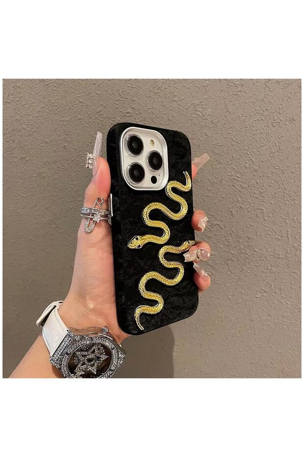 Apple iPhone 14 Pro Compatible Case Snake Velvet Fabric Case Black