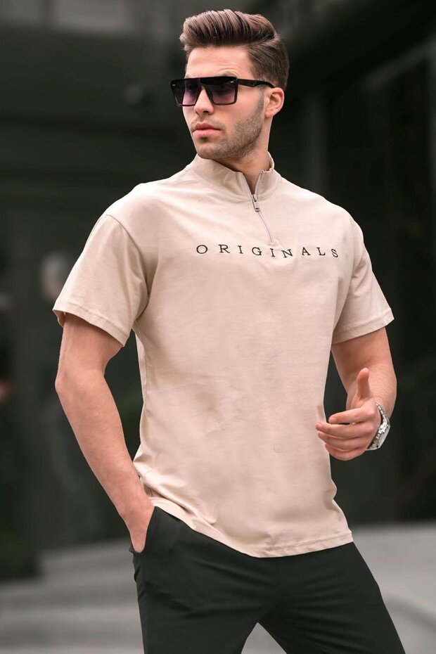 Beige Zipper Collar Men's T-Shirt 5858