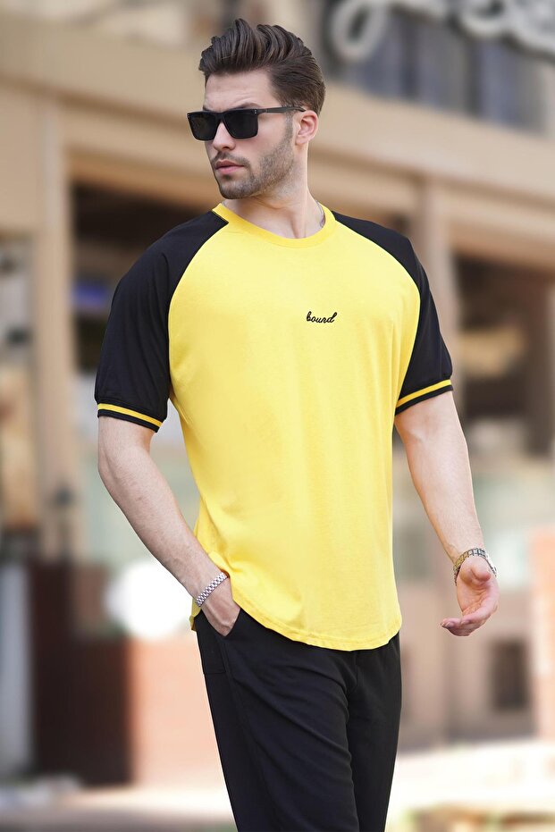 Dark Yellow Crew Neck Embroidered Detailed Short Sleeve Men's T-Shirt 7013