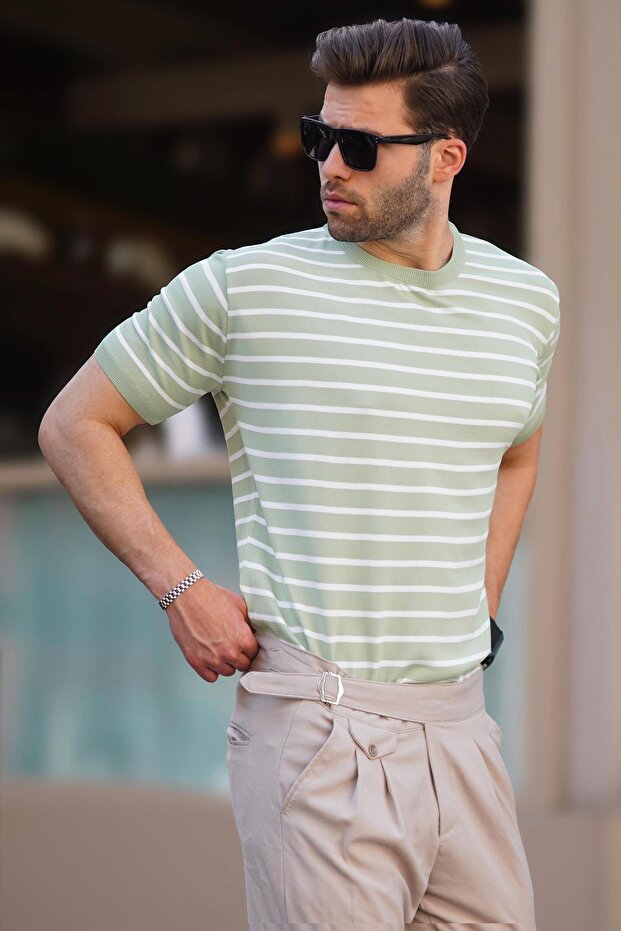 Green Crew Neck Striped Men's Short Sleeve T-Shirt 6884