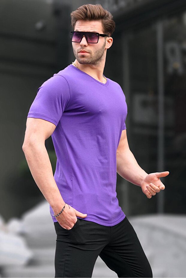 Basic V Yaka Mor Tişört 5281 - 2