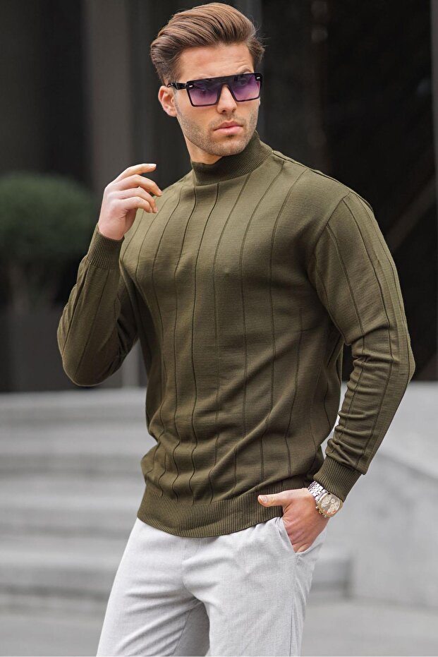 Khaki Slim Fit Half Turtleneck Striped Non-Pilling Men's Knitwear Sweater 6344
