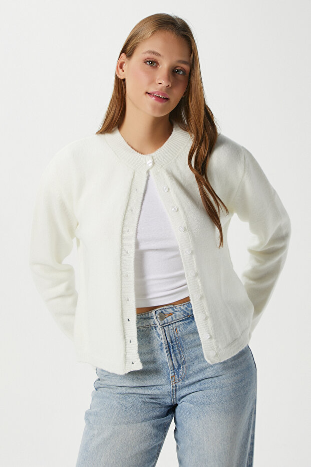 Kadın Nina Bisiklet Yaka Ekru Basic Hırka - 4