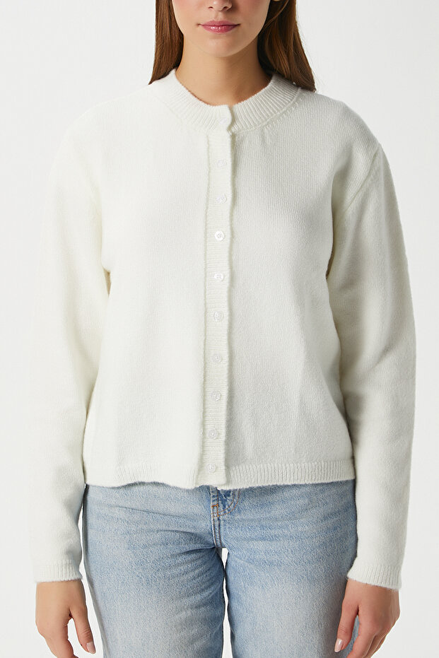 Kadın Nina Bisiklet Yaka Ekru Basic Hırka - 3