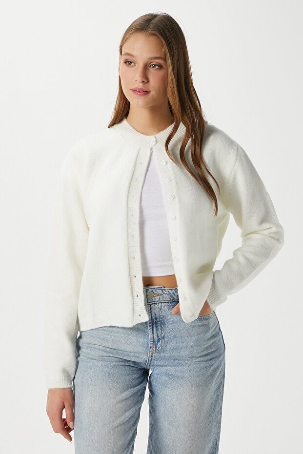 Kadın Nina Bisiklet Yaka Ekru Basic Hırka - 2