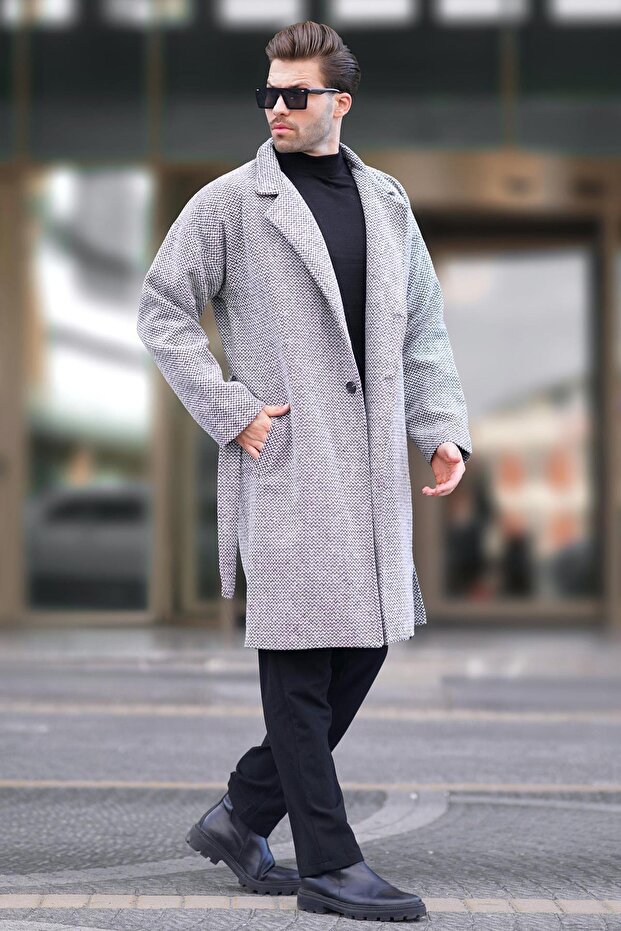 Patterned White Double Breasted Coat - 7250 - 1