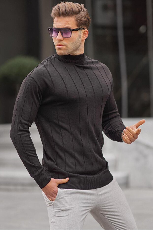 Black Slim Fit Half Turtleneck Striped Non-Pilling Men's Knitwear Sweater 6344