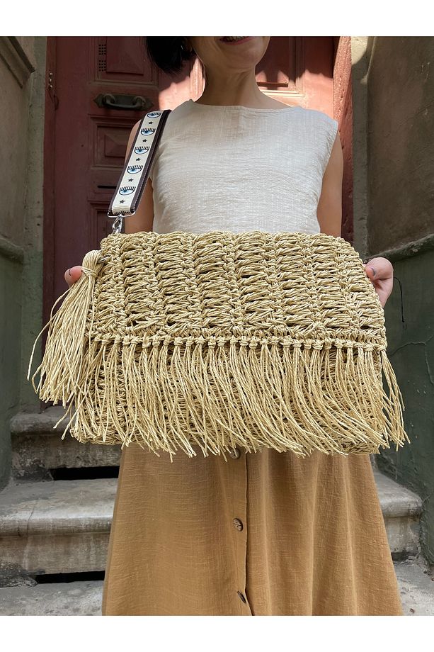 Bohem Hasır Çanta, Kağıt İp El Yapımı Çanta, Püsküllü Yazlık Çanta, Omuz Çantası, Boho Stil Çanta - 3