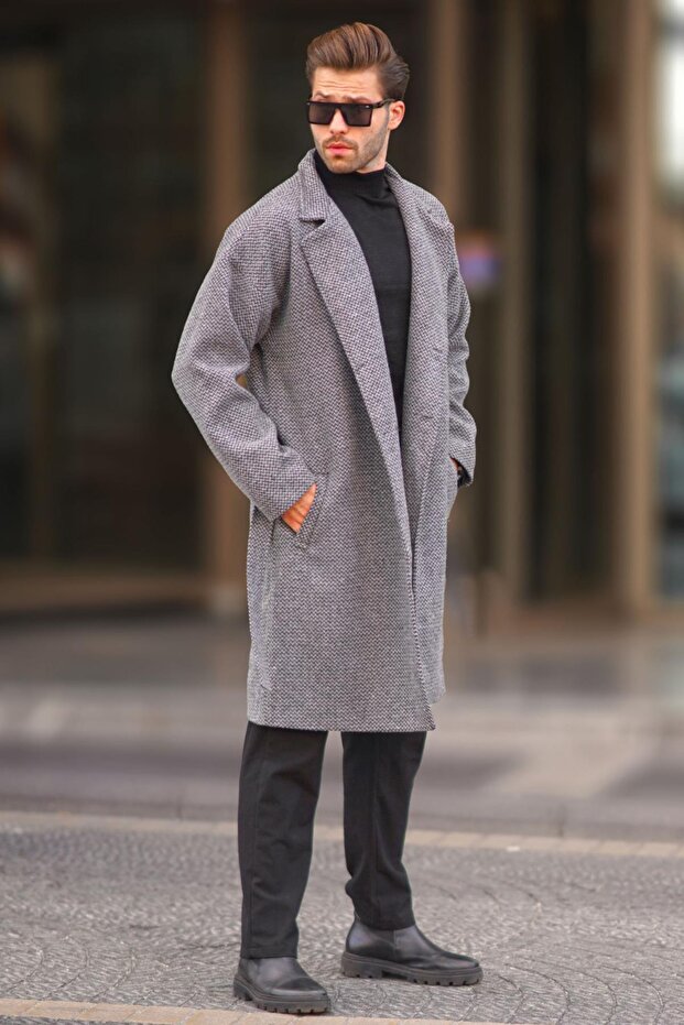 معطف رمادي منقوش مزدوج الصدر - موديل 7250 - 3