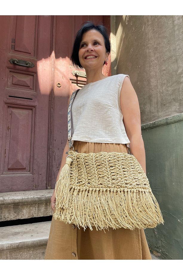 Bohem Hasır Çanta, Kağıt İp El Yapımı Çanta, Püsküllü Yazlık Çanta, Omuz Çantası, Boho Stil Çanta - 1
