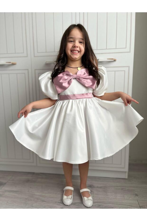 Girl's White Satin Fluffy Evening Dress Pink Bow Detailed Dress + Buckle