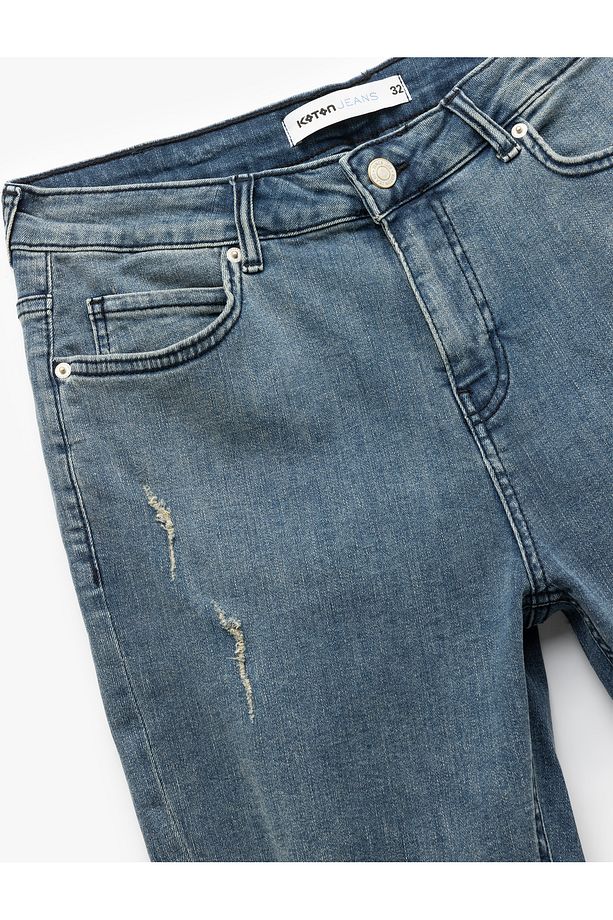 Slim Fit Kot Şort Yırtık Bermuda Cep Detaylı Katlı Paça Pamuklu - 6