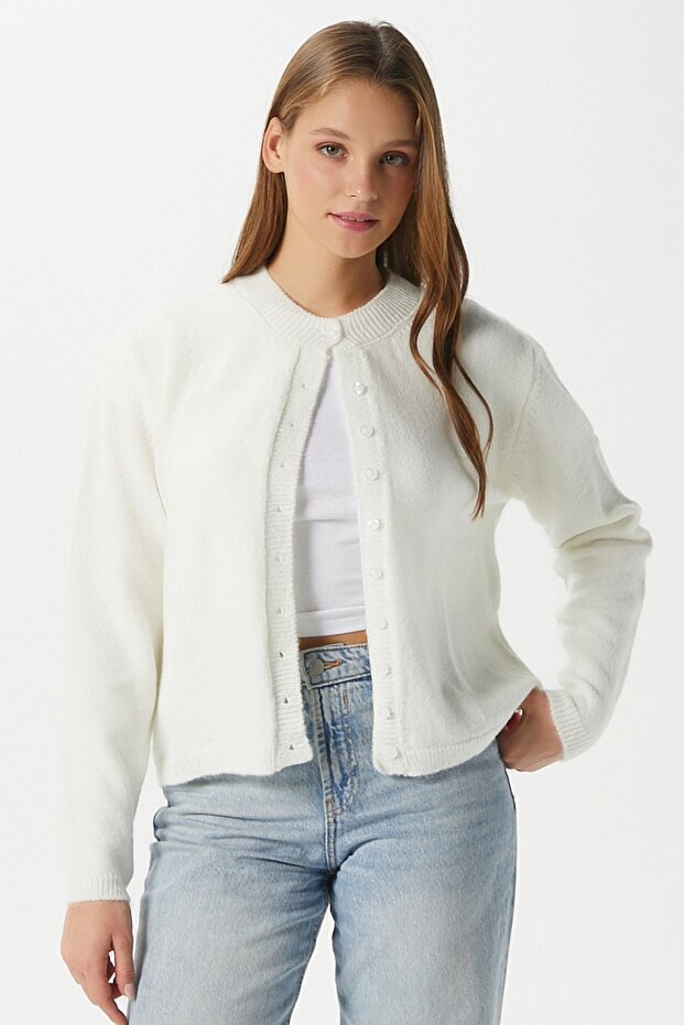 Kadın Nina Bisiklet Yaka Ekru Basic Hırka - 1