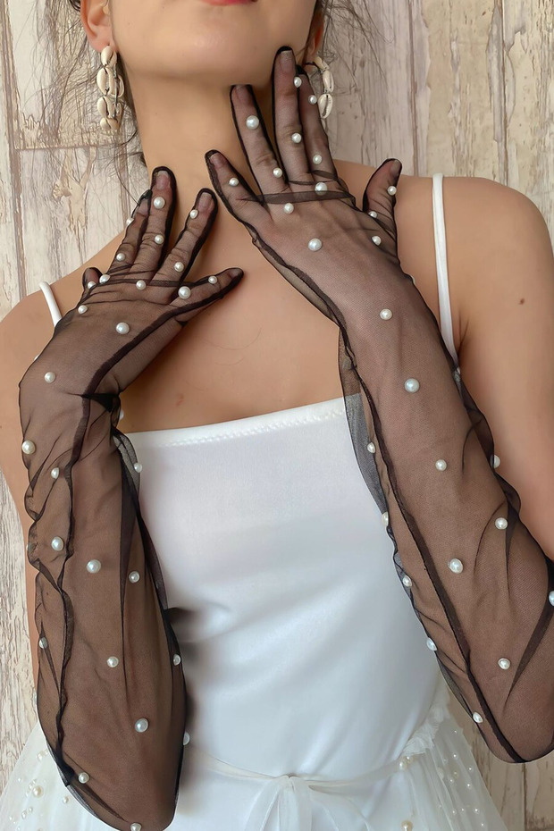 Elegant Stylish Pearls Bridal Wedding Gloves Long Tulle Gloves For Costume and Special Nights Black