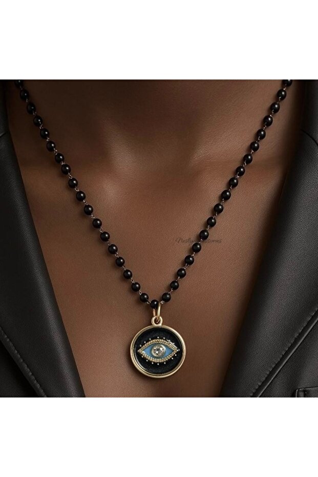 Siyah Mineli Göz Kolye - 1
