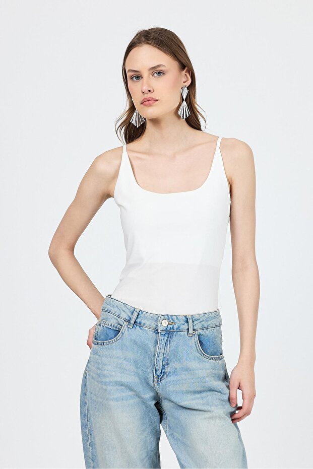 Ecru Thin Strap Snap Bodysuit 13255 - 1