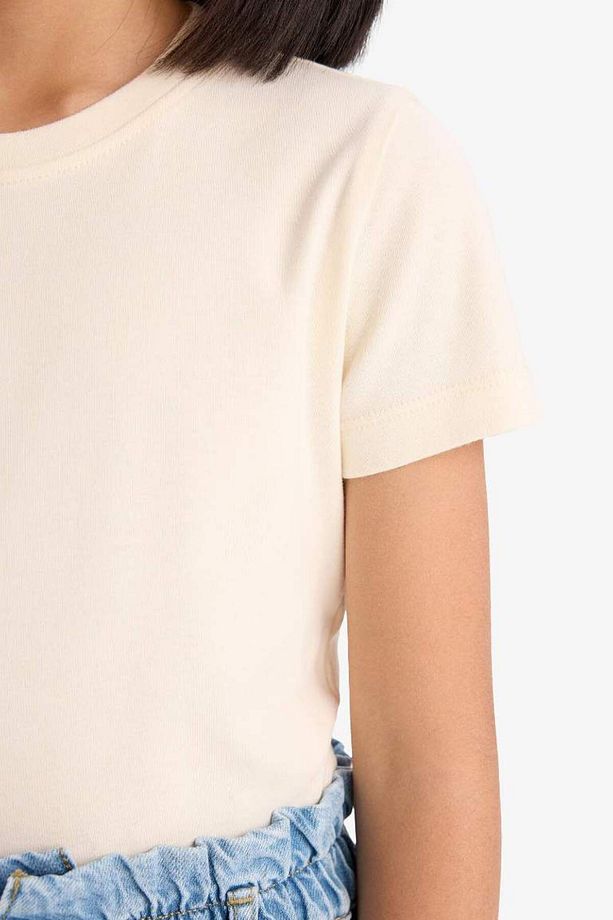 Kız Çocuk Slim Fit Dar Kesim Bisiklet Yaka Ribana Basic Düz Kısa Kollu Tişört B3054a825sm - 6