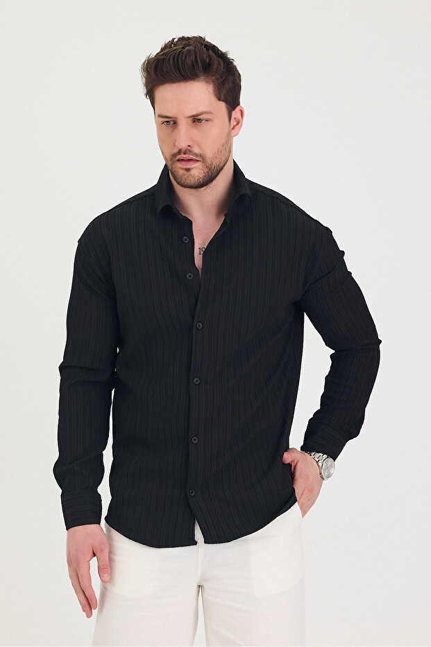 Men's Slim Fit Slim Fit Long Sleeve Shirt with Self-Stripe Detail