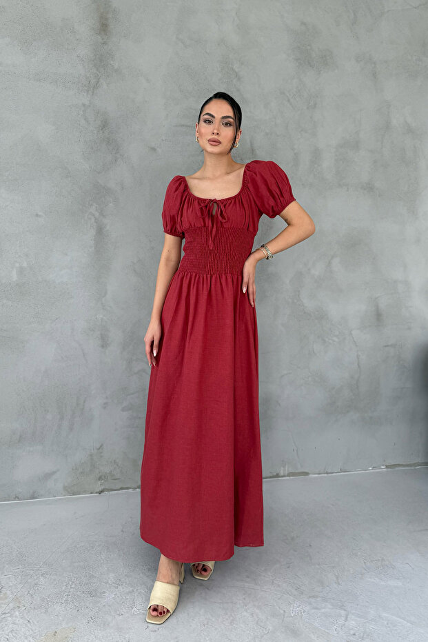 Burgundy Short Sleeve Dress with Gimped Front
