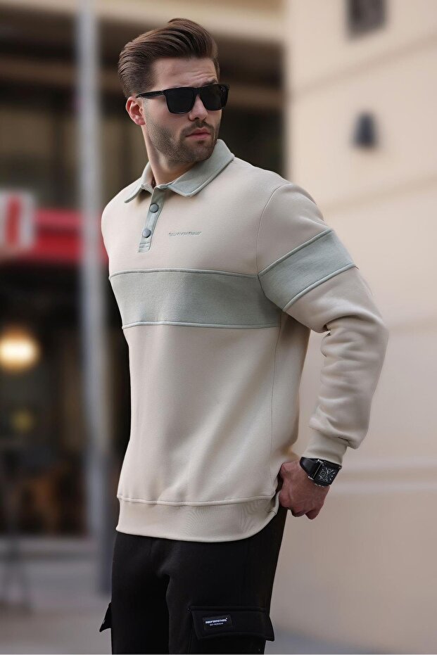 Beige Polo Neck Color Block Men's Sweatshirt 7072
