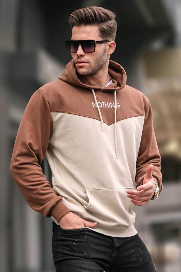 Beige Hooded Color Block Men's Sweatshirt 6024