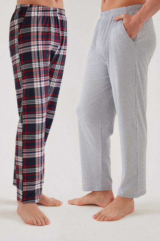 Erkek Pamuklu Ekose-Siyah 2'li Tek Alt Pijama - 1