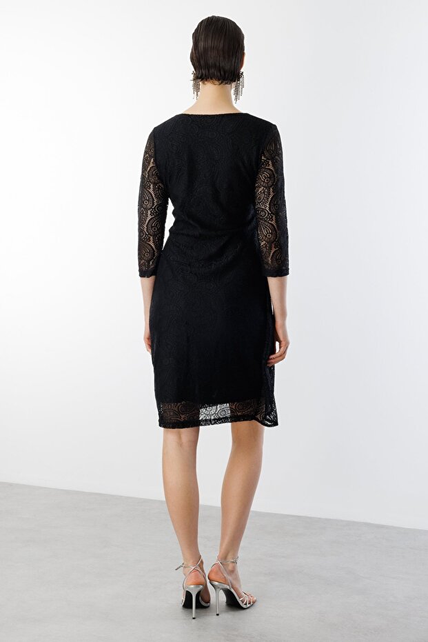 Simli Dantelli V Yaka Elbise - 5