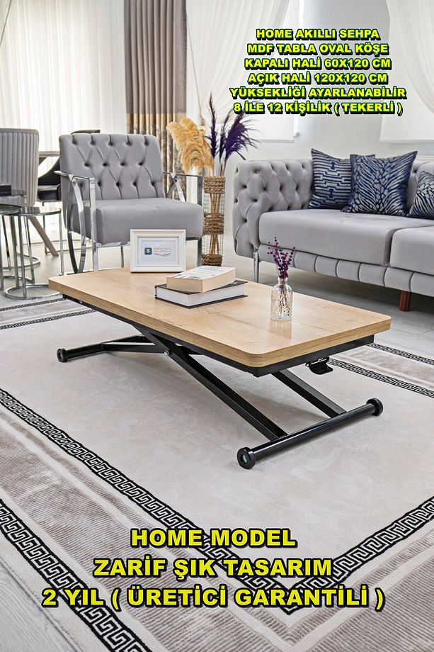 Akıllı Sehpa Home Üst Tabla Mdf VeliMeşe Oval Köşe Alt Mekanizma Siyah Renk - 1