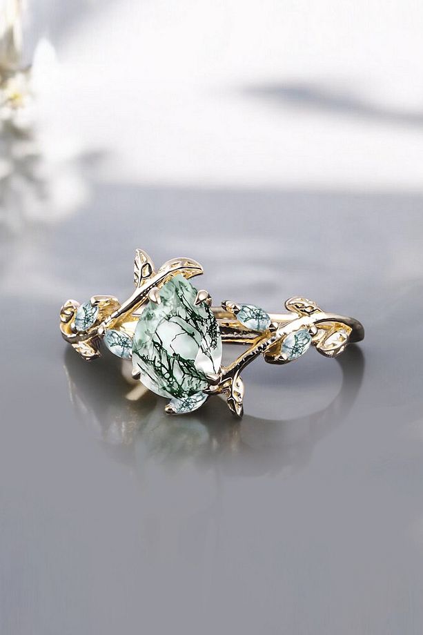 Damla Moss Agate Yaprak Tasarımlı Altın Yüzük - 4