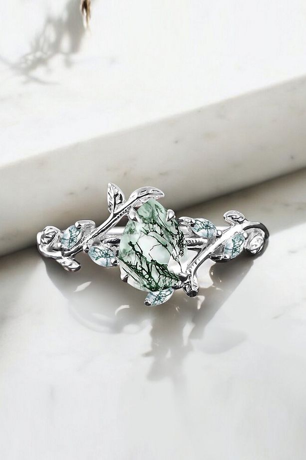 Damla Moss Agate Yaprak Tasarımlı Altın Yüzük - 3