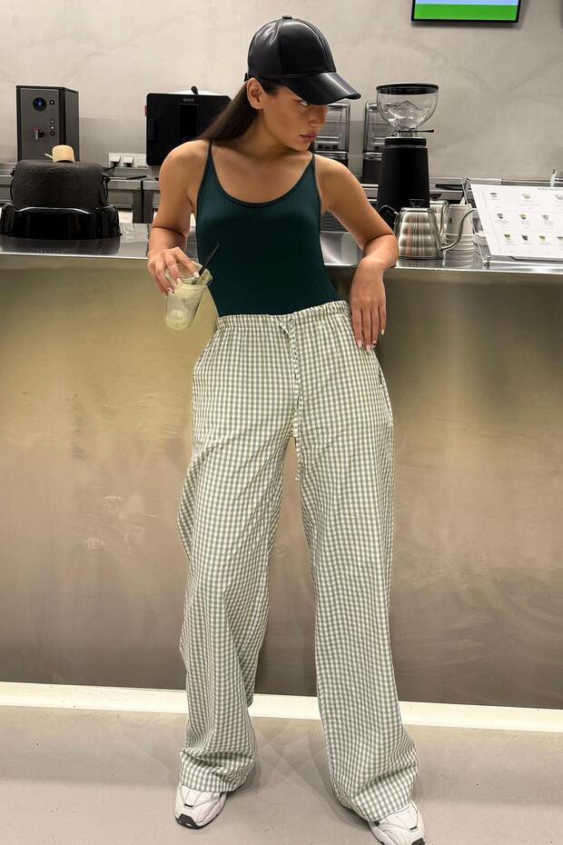 Light Green Gingham Wide Leg Women's Trousers Mg2335