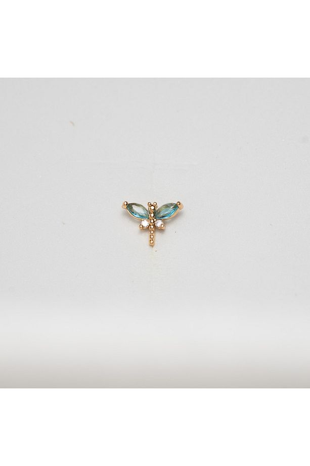 Mavi Kanatlı Yusufçuk Çelik Piercing… Altın/Gold Renkli ve Şeffaf Taşlı (TRAGUS HELIX CONCH FLAT) - 1