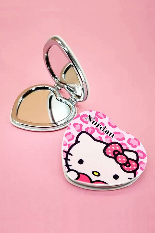 Kişiye Özel İsimli Hello Kitty Baskılı Kalp Deri Ayna Çanta, Cep ve Makyaj Aynası - 2