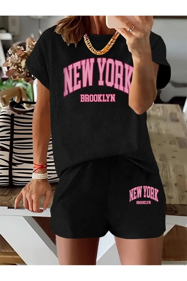 Short Sleeve Slash Neck T-Shirt and Shorts - Stylish "New York Brooklyn" Print,