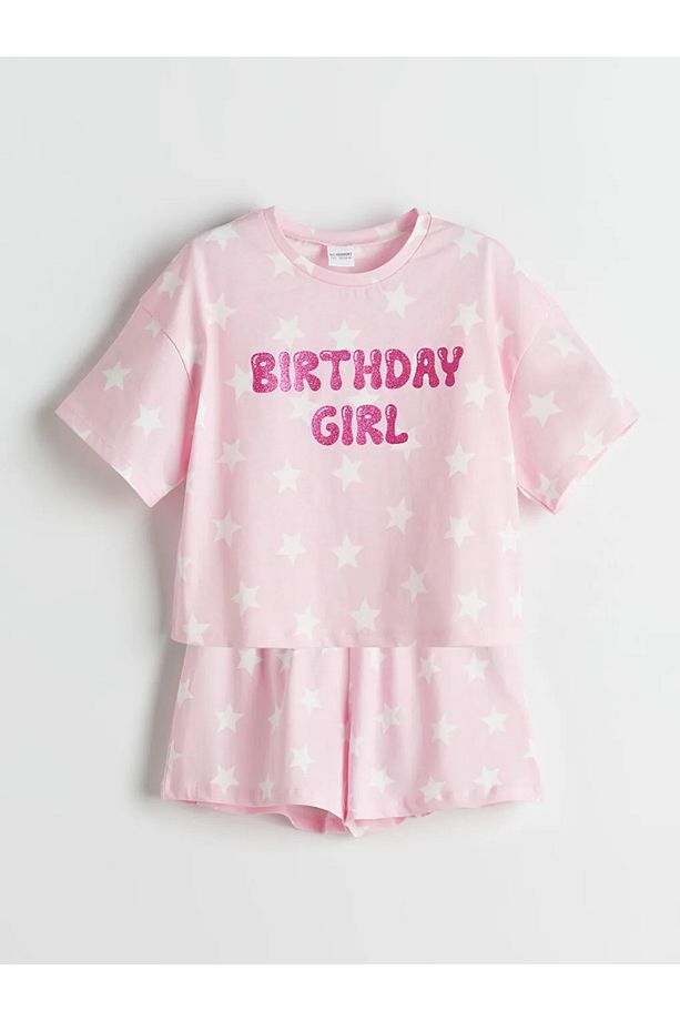 Pembe Bisiklet Yaka Kız Çocuk Şortlu Pijama Takımı - 1