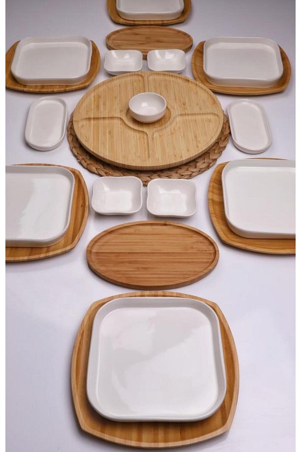 Natural Line 6 Kişilik 22 Parça Seramik ve Bambu Kahvaltı Takımı Lüks Kahvaltılık Sunum Set - 1