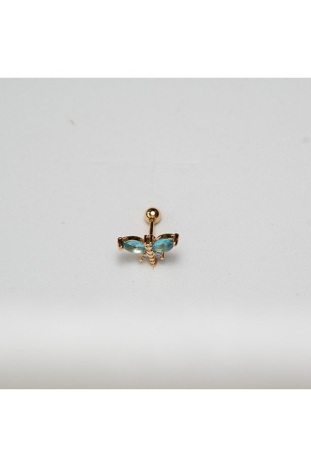 Mavi Kanatlı Yusufçuk Çelik Piercing… Altın/Gold Renkli ve Şeffaf Taşlı (TRAGUS HELIX CONCH FLAT) - 2