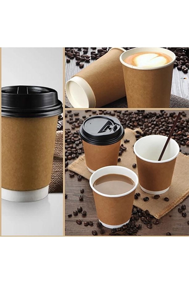 8 Oz Double Wall Çift Duvar Kraft Karton Bardak Latte Bardağı 25 Adet Bardak 25 Adet Kapak - 1