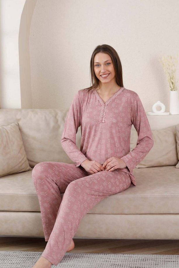 Uzun Kollu Pijama Takımı - Gülkurusu Çiçek Desen Likralı Viskon 2851uy - 4
