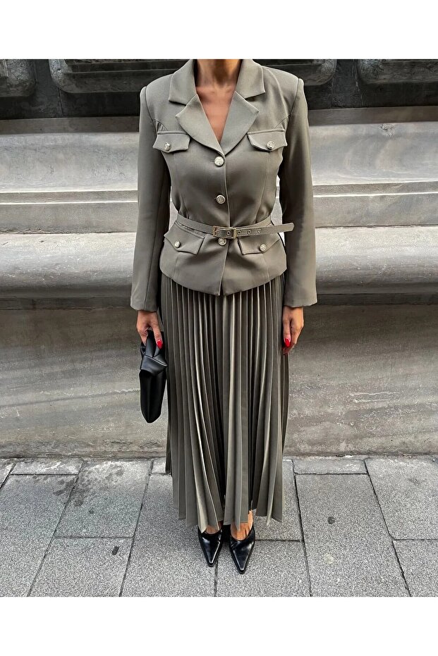 Elizabeth Gold Belted - Buttoned Blazer Jacket and Pleated Long Skirt Set