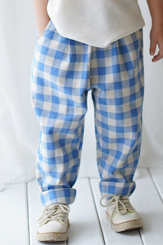 Carrot Trousers Blue Cream Plaid Linen
