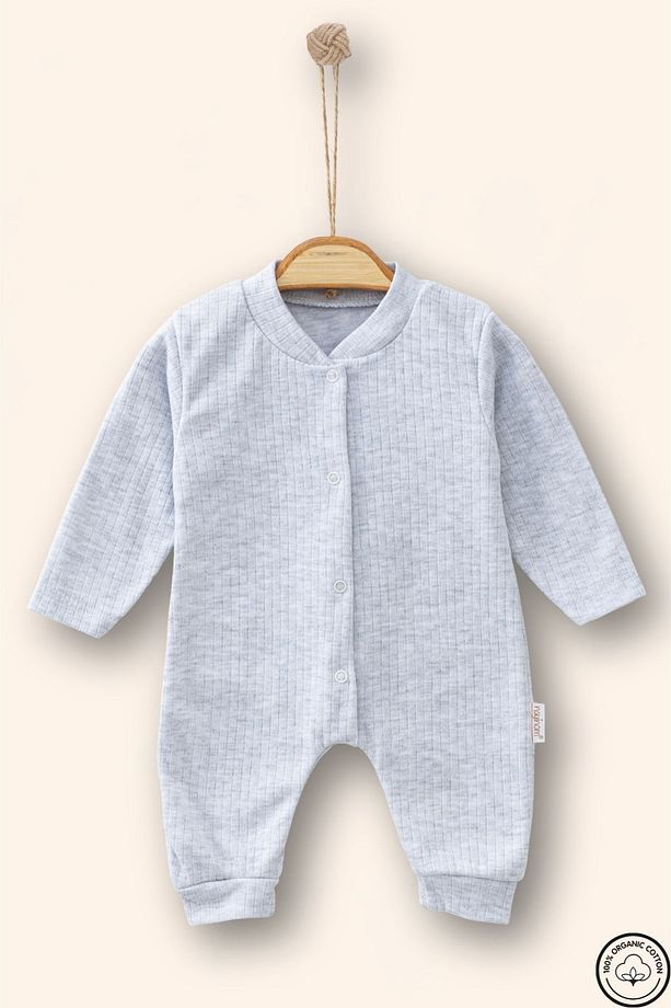 Ayaksız Unisex Yumuşak Dokulu Çizgi Desenli Gri Bebek Tulum - 1