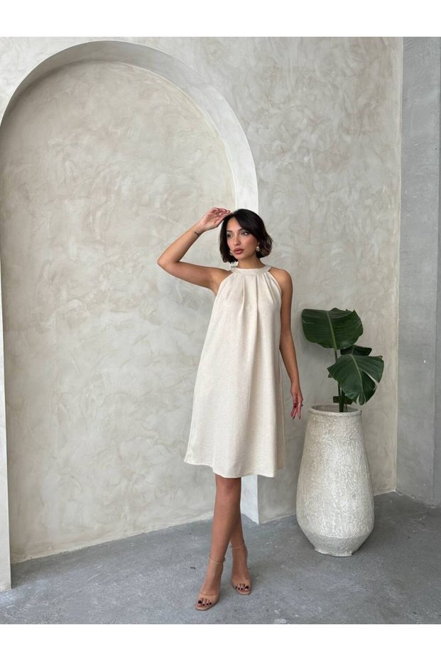 Halter Neck Double Pocket Sleeveless Loose Dress Zyn-58781