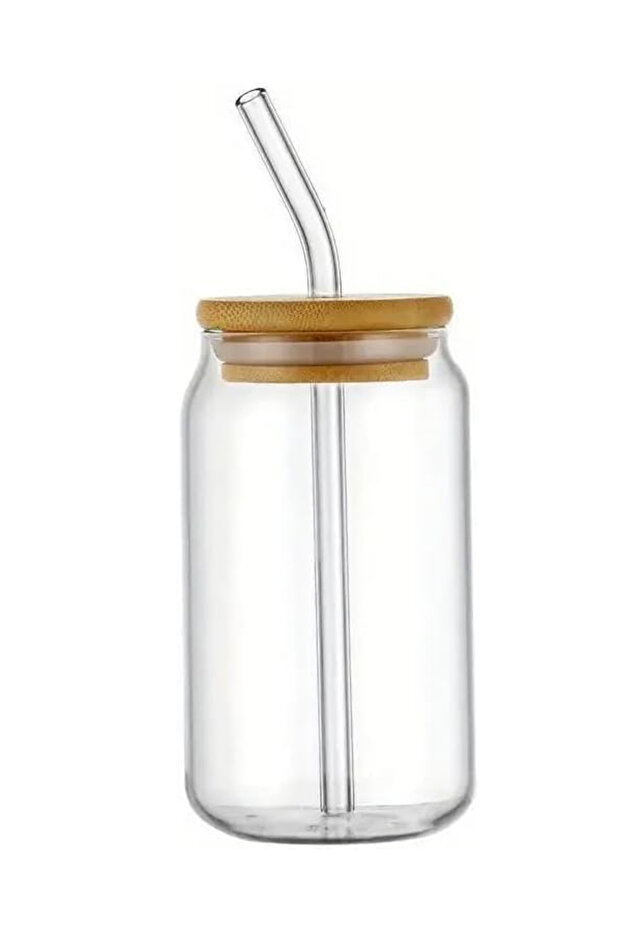 Glass Mason Jars with Bamboo Lids and Reusable Straws, 500ml Drinking Jar, Clear,BB3298