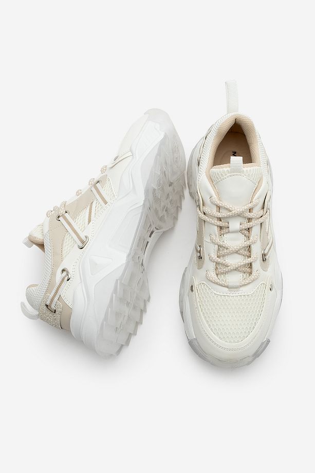 Kadın Sneaker Bağcıklı Fileli Kalın Taban Spor Ayakkabı Azlin Bej - 7