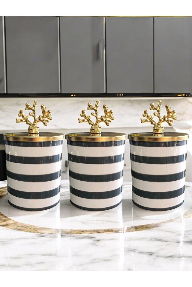 Spice Rack Set of 3 Coffee Corner Classic Zebra Gray 750 ml Volume Gold Coral - Feray Home