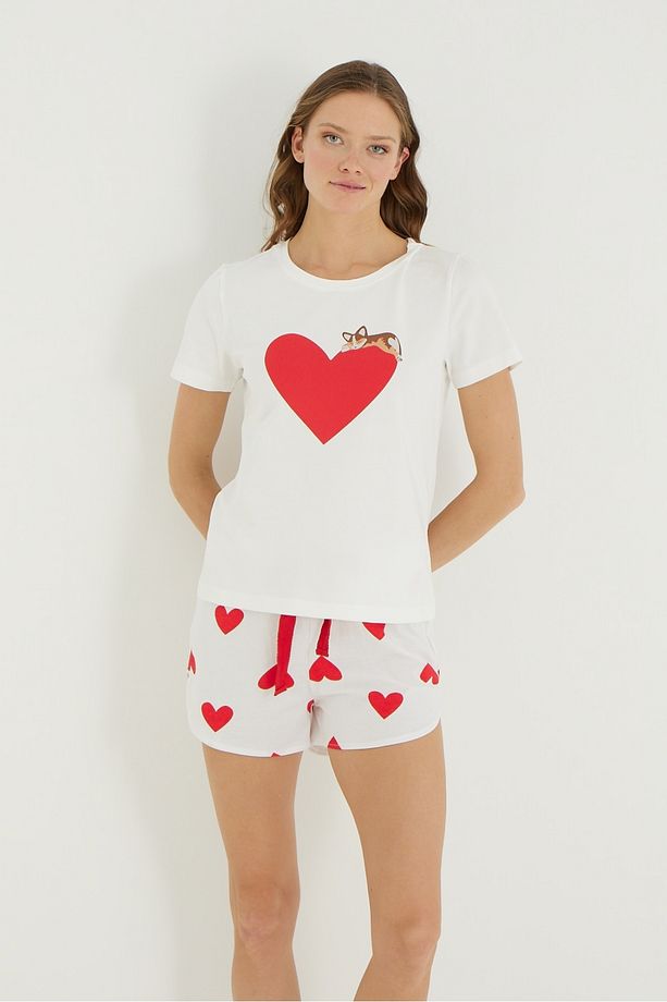 Kalp Desenli Tatlı Hayvan Figürlü Şort Pijama Takımı - 4