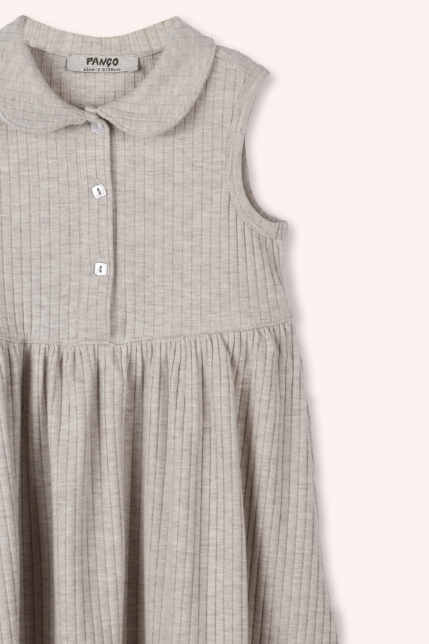 Kız Bebek Bebe Yaka Fitilli Örme Bej-Melanj Elbise - 2