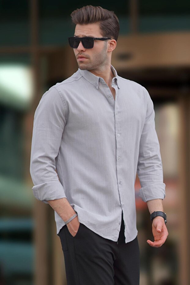 Men's Gray Long Sleeve Cotton Linen Look Shirt 6743